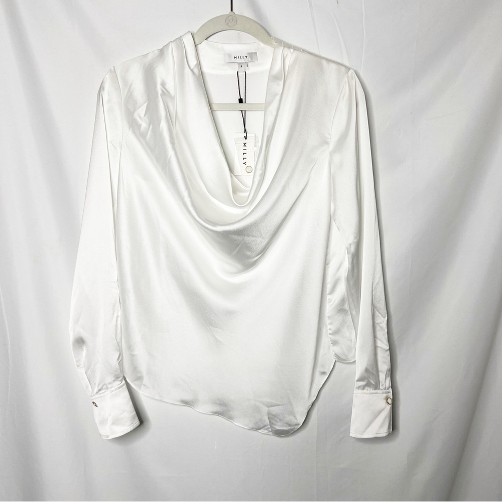 NEW with tags Milly White Satin Cowl Neck Long Sleeve Blouse